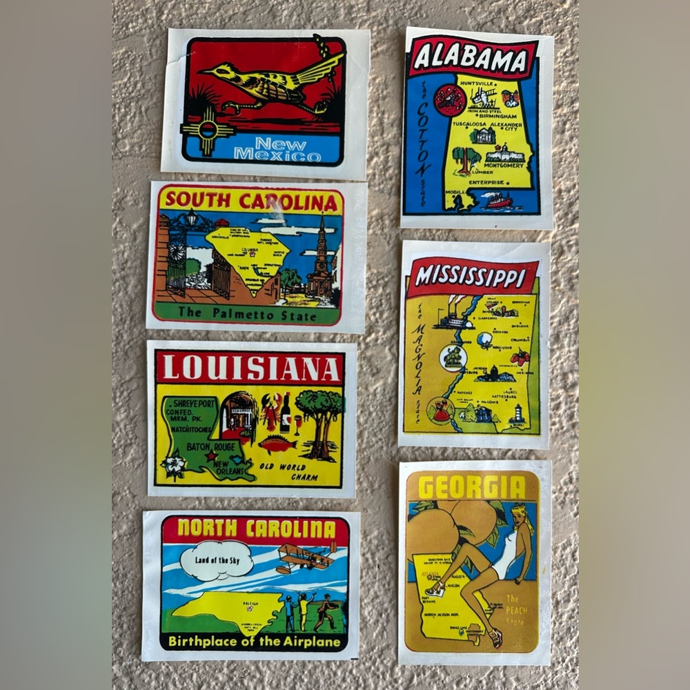 7 VTG Baxter Lane Travel Decal Waterslide Sticker Suitcase GA LA MS AL SC NC NM
